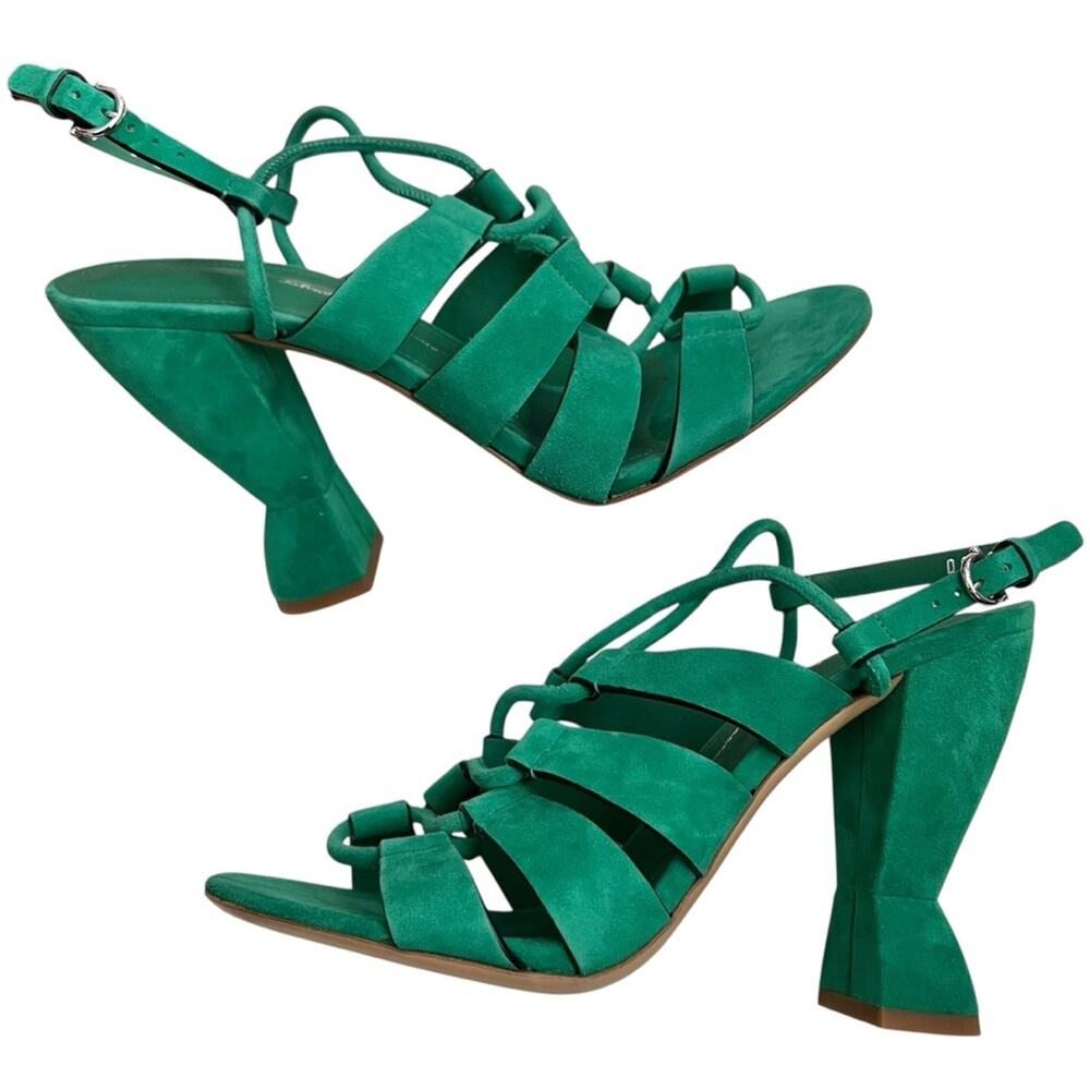 NEW Salvatore Ferragamo Emerald Green Suede Strappy Sirmio Slingback Block Heels